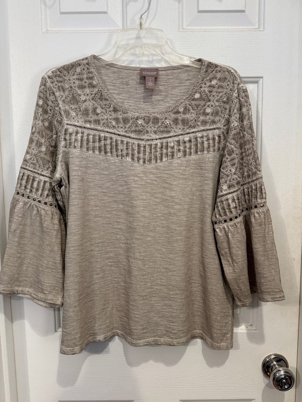 Chico's Taupe Lace Yoke Bell Sleeve Top